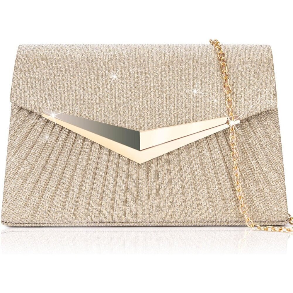 🆕Women Gold Clutch Purses Sparkling Envelope Evening Bag with Detachable Chain